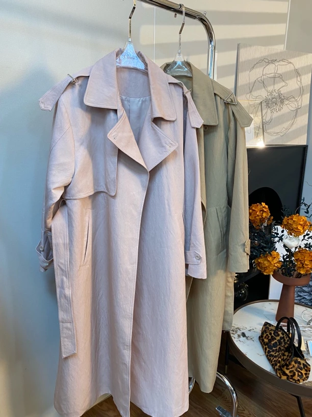 【M.66】英伦风翻领两色长款系带风衣外套M60029