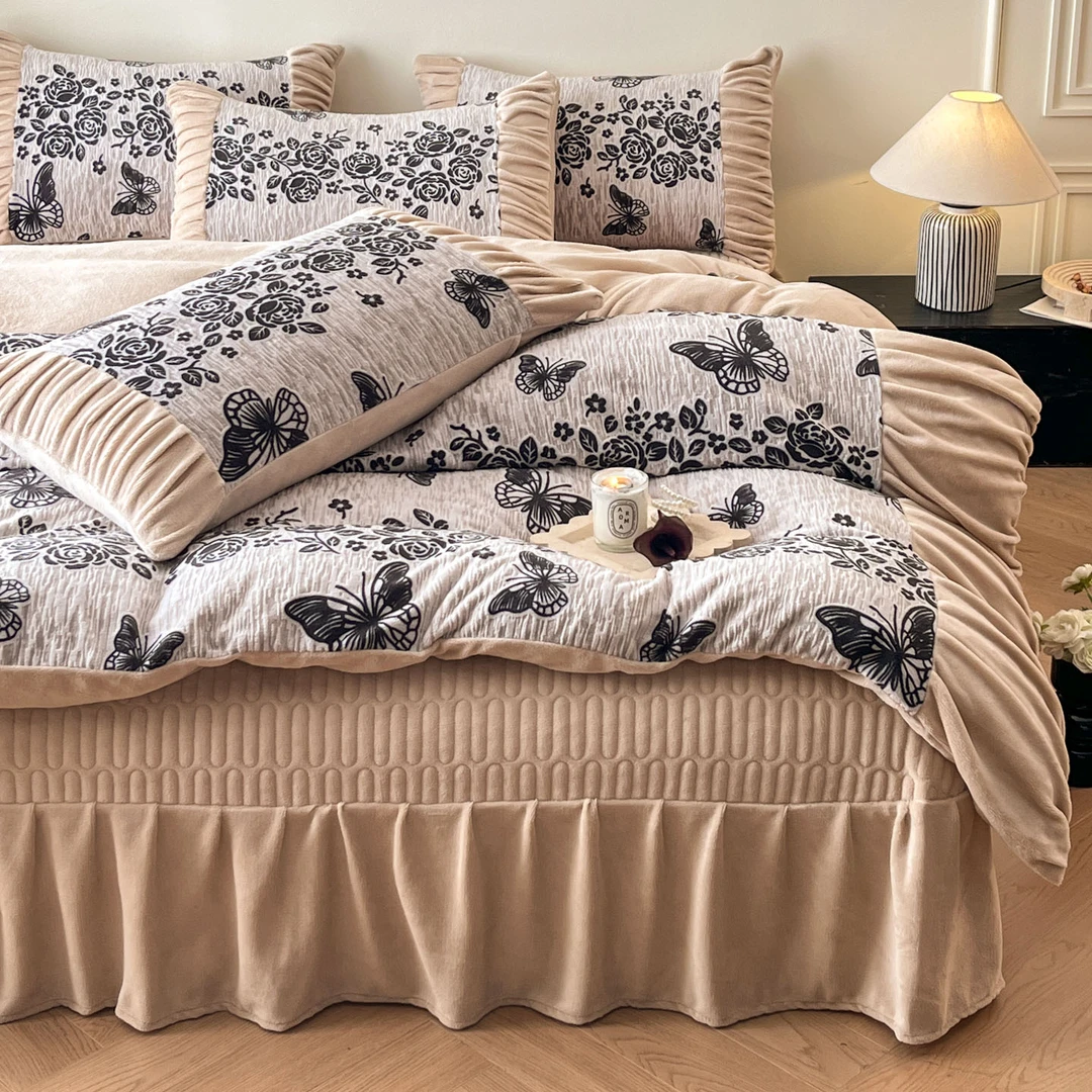 三层夹棉床盖款牛奶绒四件套法式复古加厚珊瑚绒被套冬季防滑床单