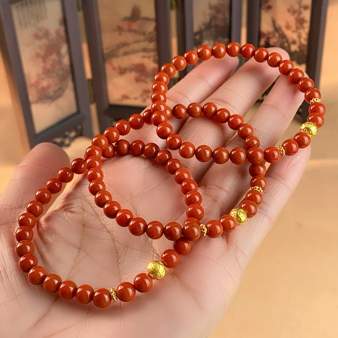 1006/ 原矿无注胶 南红近锦红手串5+足金款/多样性发/一件