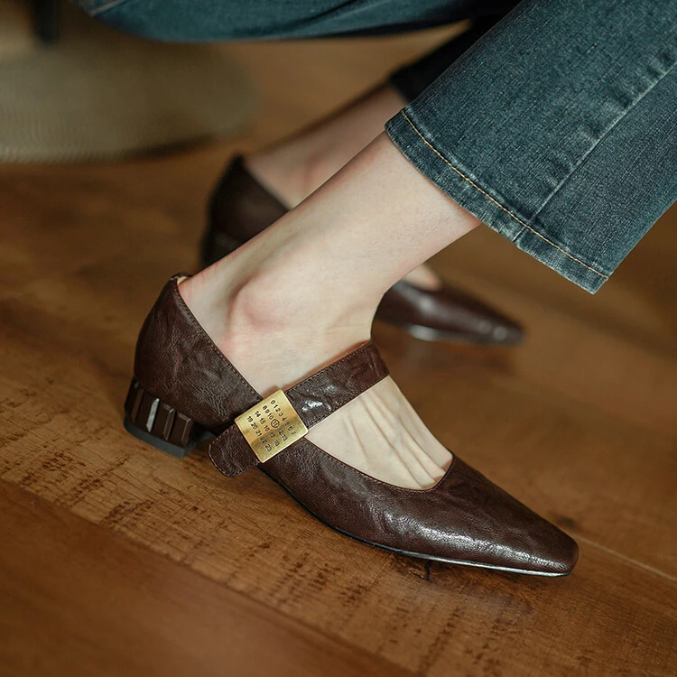 35-40码头层羊皮抓皱玛丽珍鞋方跟