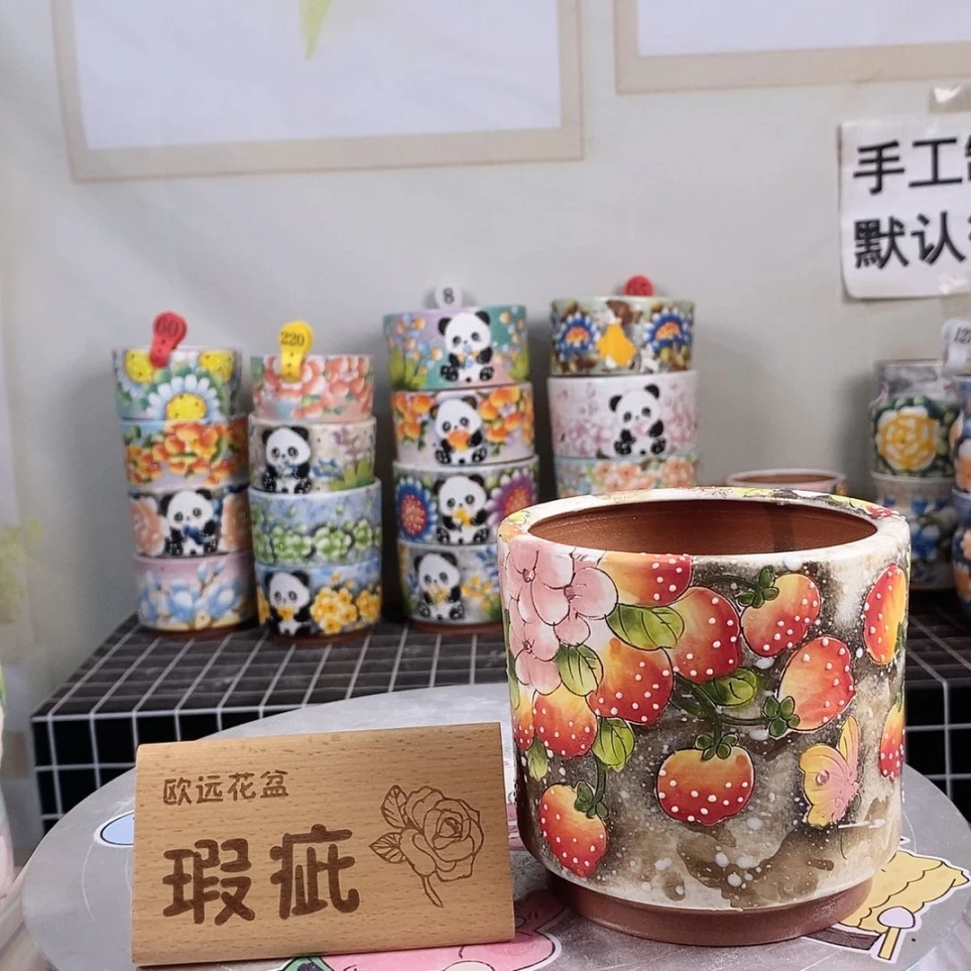 紫砂花盆红陶手绘花盆