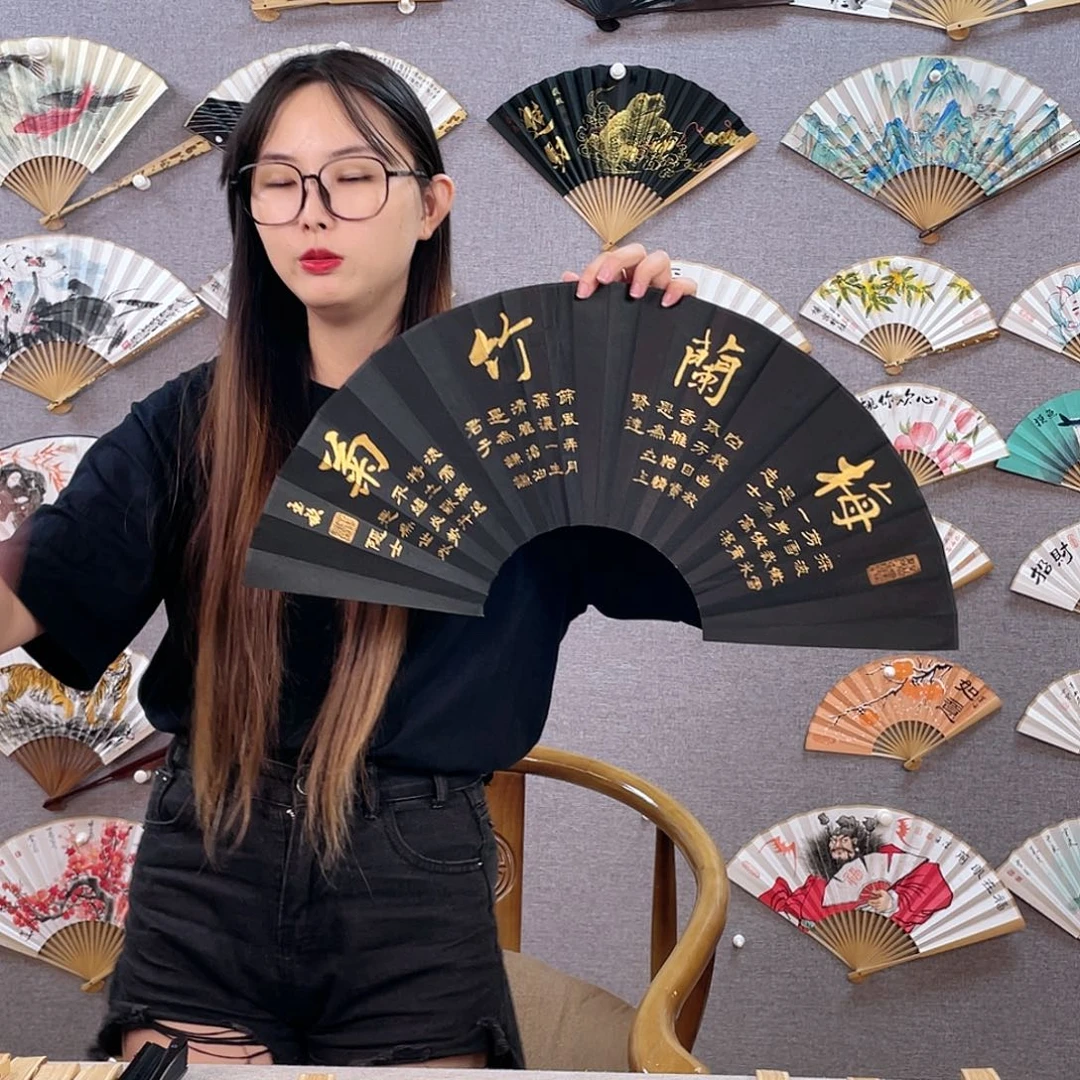 国画10寸黑檀-纯手绘-文玩扇骨（默认粘好）