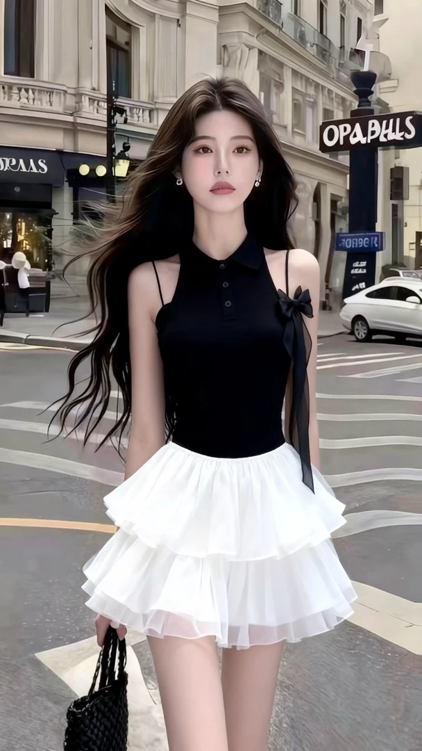 时尚轻奢气质名媛纯欲风撞色小众设计收腰圆领露肩无袖显瘦连衣裙