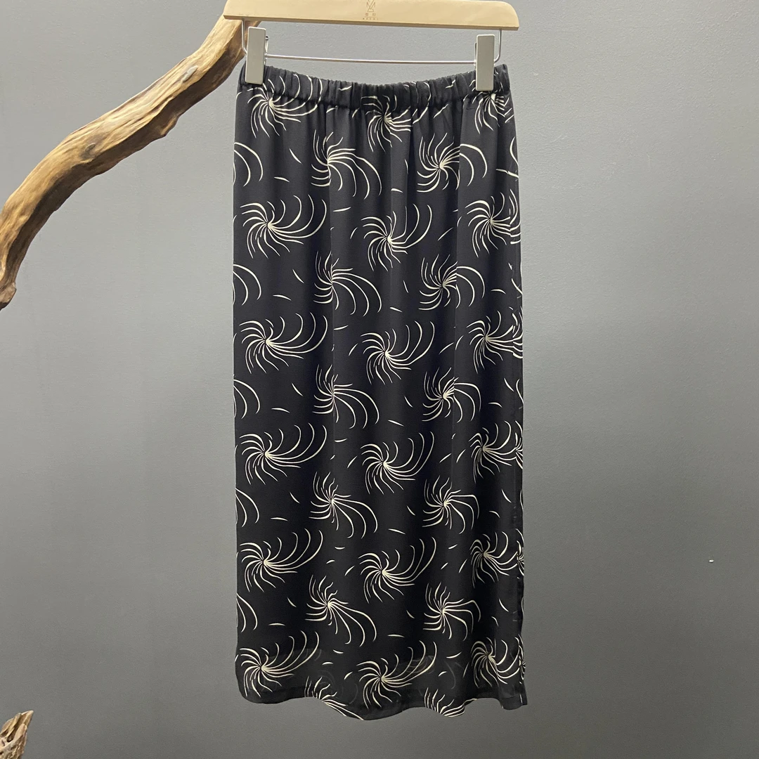 墨枝 松紧腰印花百搭桑蚕丝半身裙P900A262