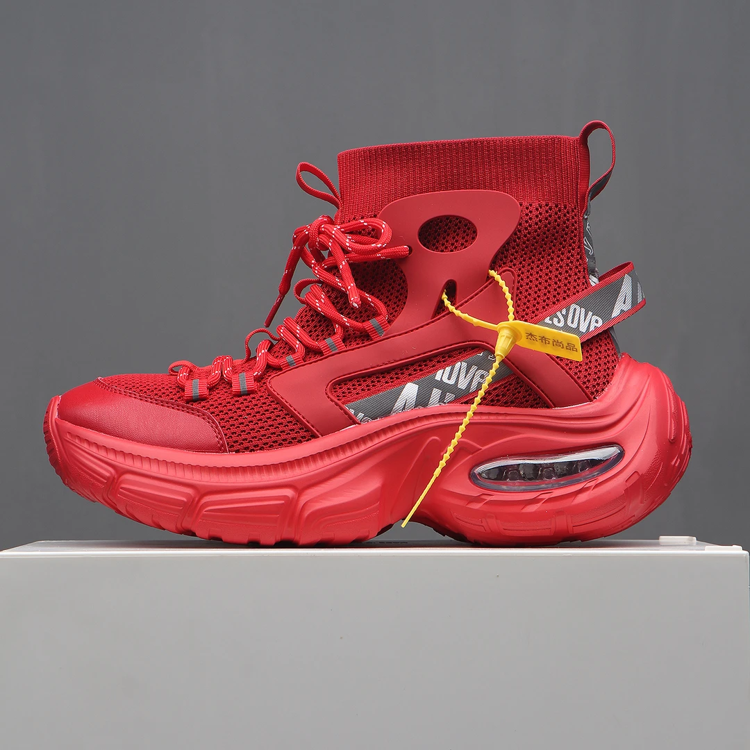 高帮鞋男袜子鞋2025新款夏季透气厚底增高薄款红色潮鞋气垫底欧美