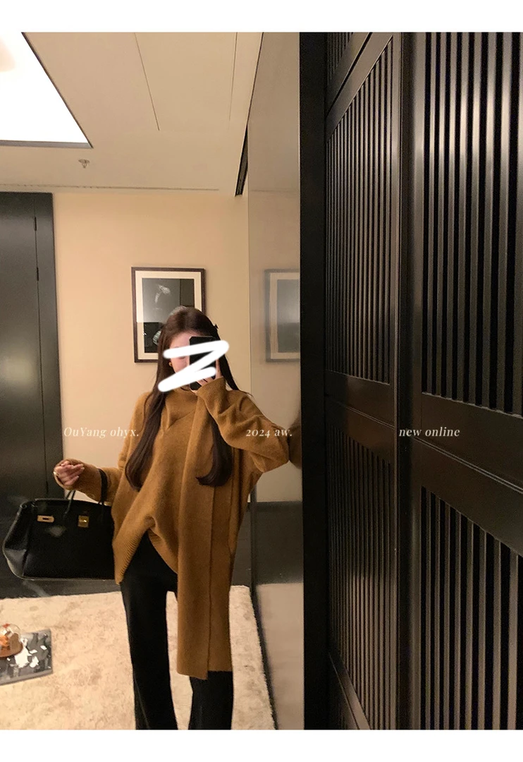 网红复古极简慵懒围巾毛衣宽松纯色针织衫#522