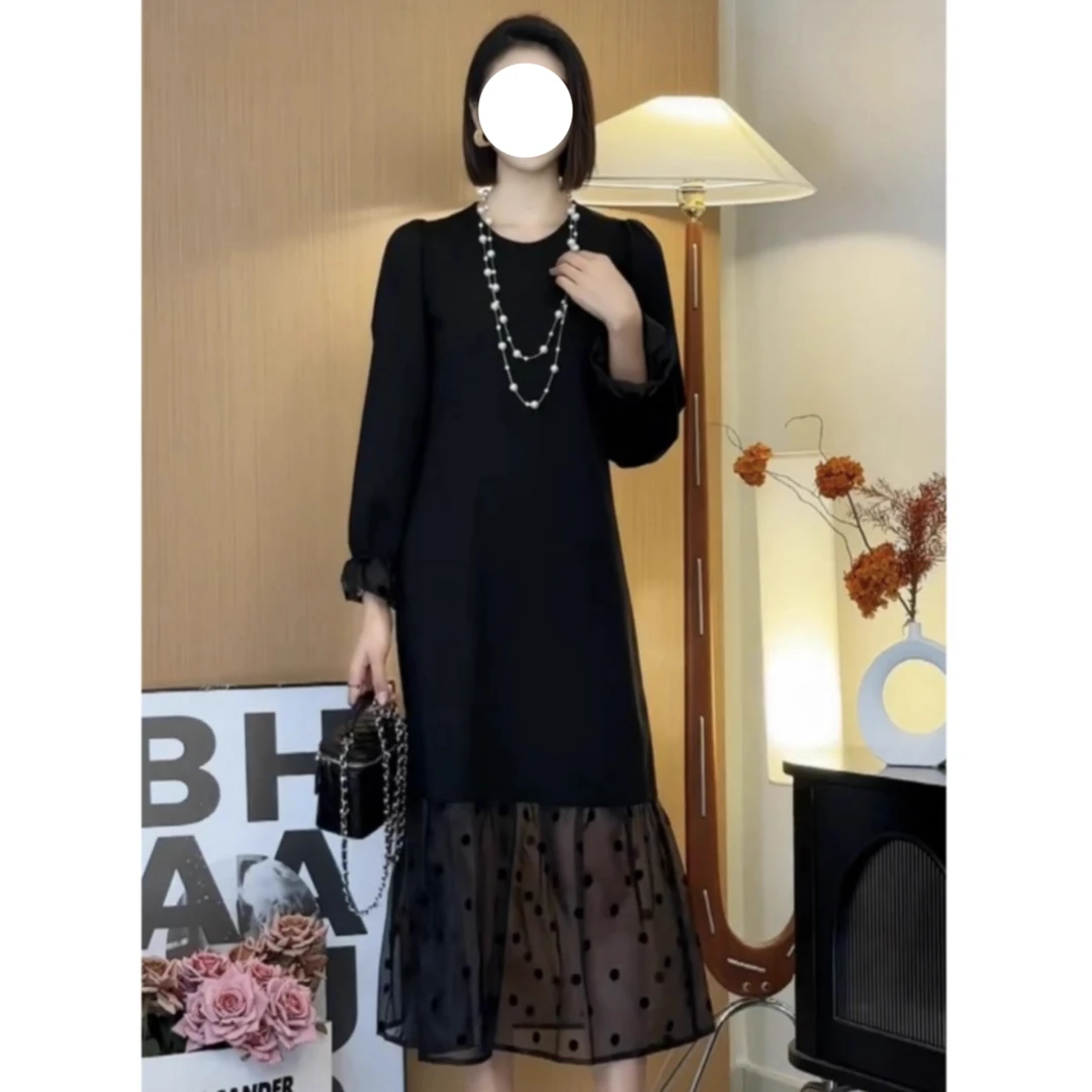 法式高级感拼接波点连衣裙女2025秋季新款大码胖MM赫本风气质长裙