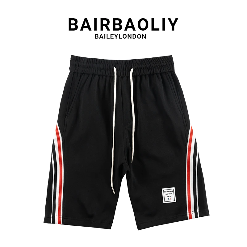 BAIRBAOLIY经典四道杠轻奢美式条纹拼接织带宽松直筒五分短裤男装