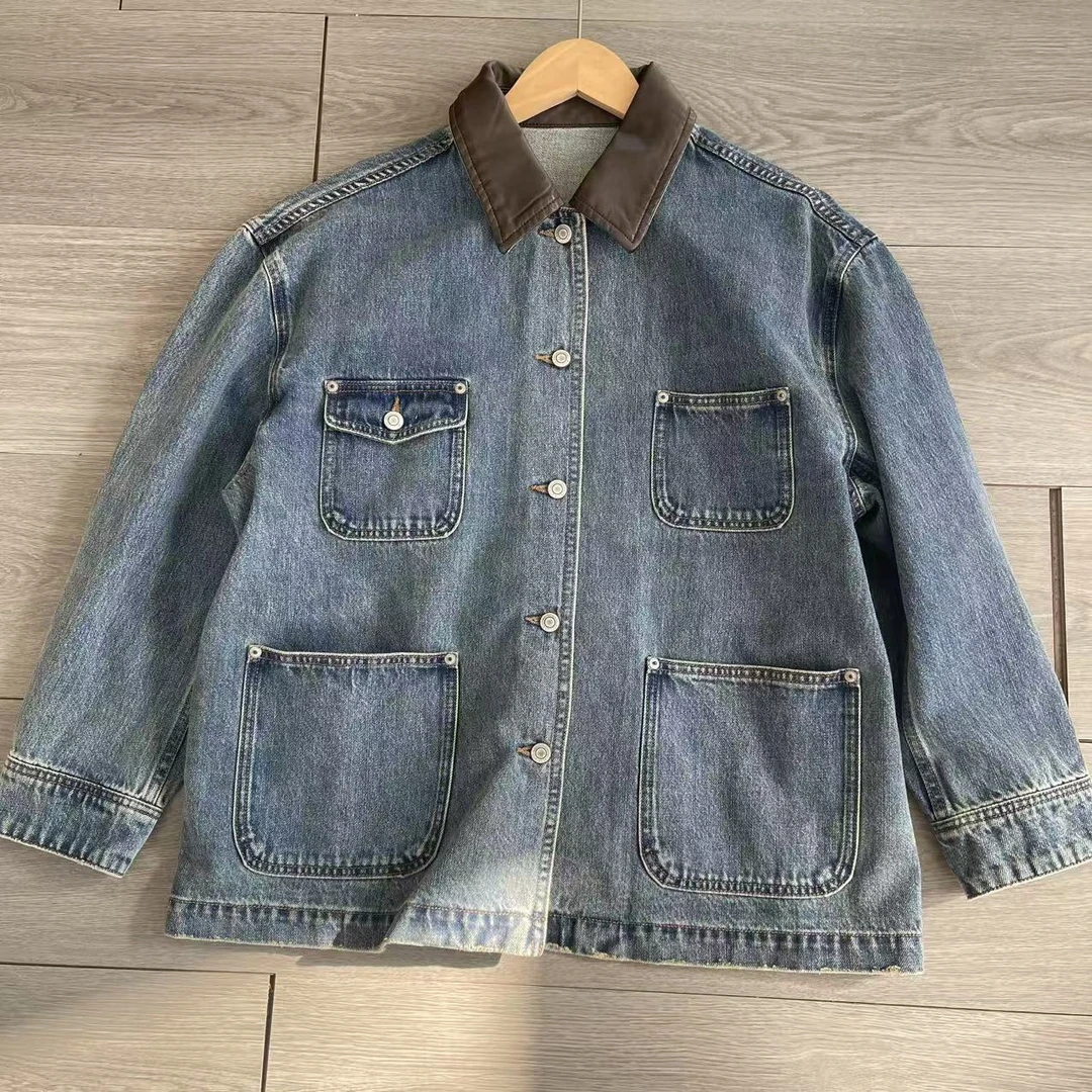 春夏新款休闲宽松大气的很有腔调 软皮领 大廓形中长款牛仔外套