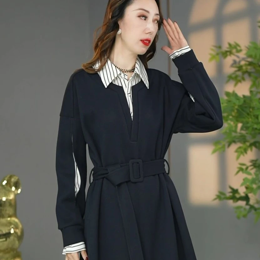 原创设计师款高货欧版洋气加厚条纹衬衣领宽松显瘦连衣裙打底裙