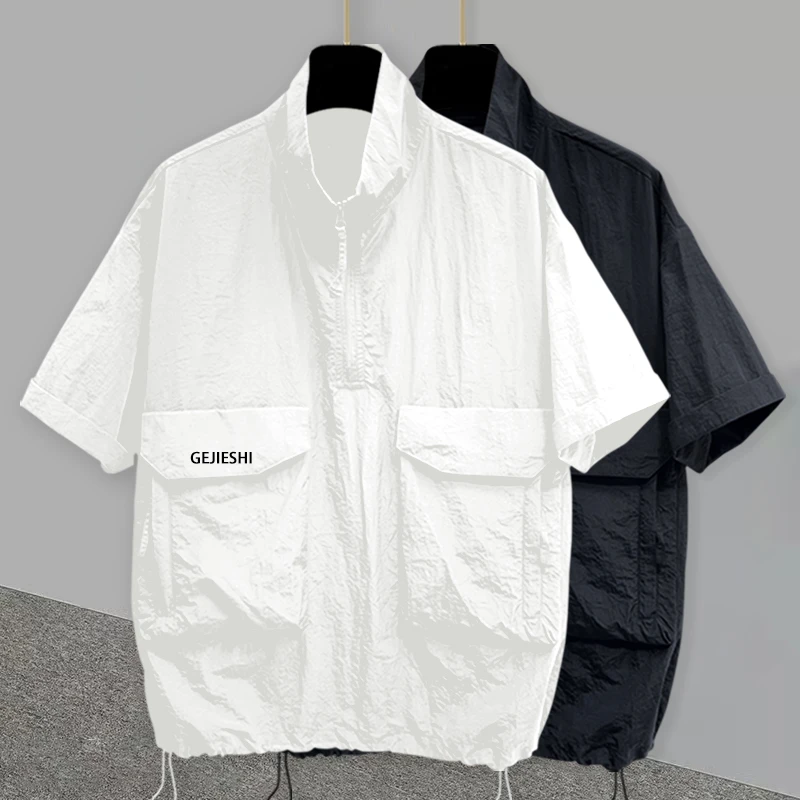 半高领拉链短袖t恤男夏季韩版潮流工装立体口袋刺绣宽松大码体恤