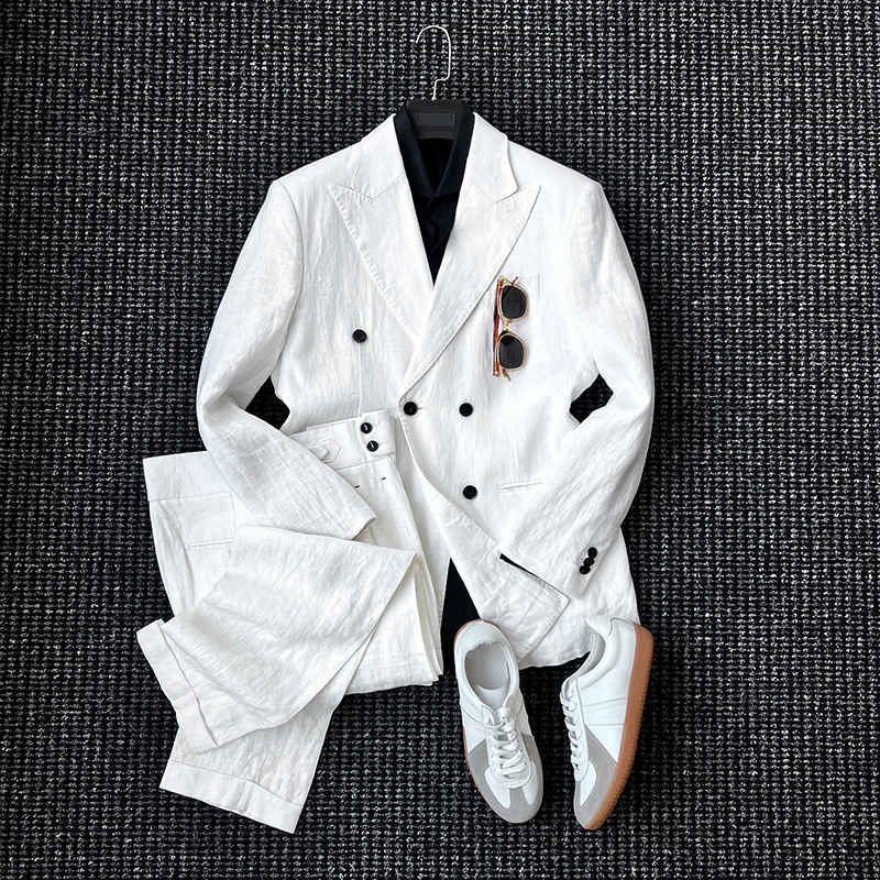 春夏绅士老钱风无结构100%亚麻双排扣西服套装男士商务通勤休闲潮