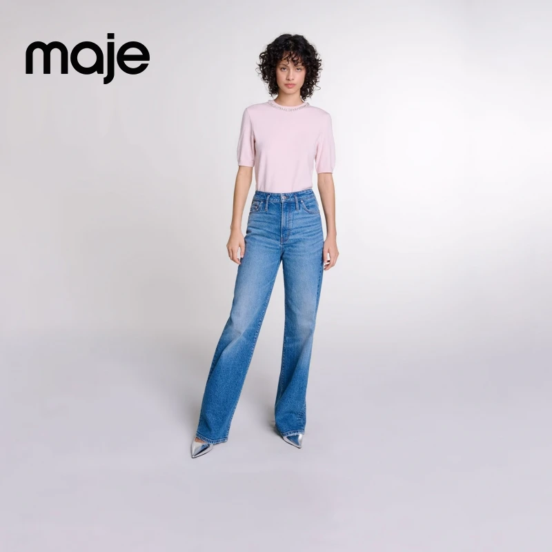 暖系穿搭|Maje秋冬新款羊毛混纺粉色饰仿钻针织T恤上衣MFPPU00801