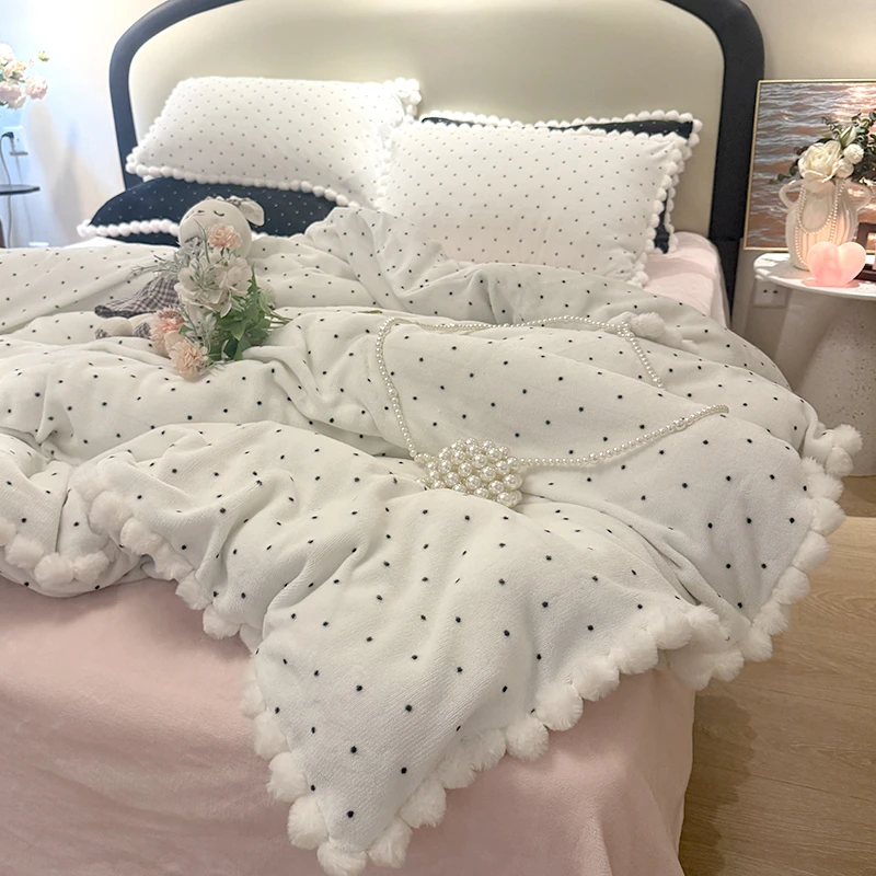 韩版蝴蝶蕾丝波点系列少女心冬季加厚牛奶绒四件套公主风宿舍床品