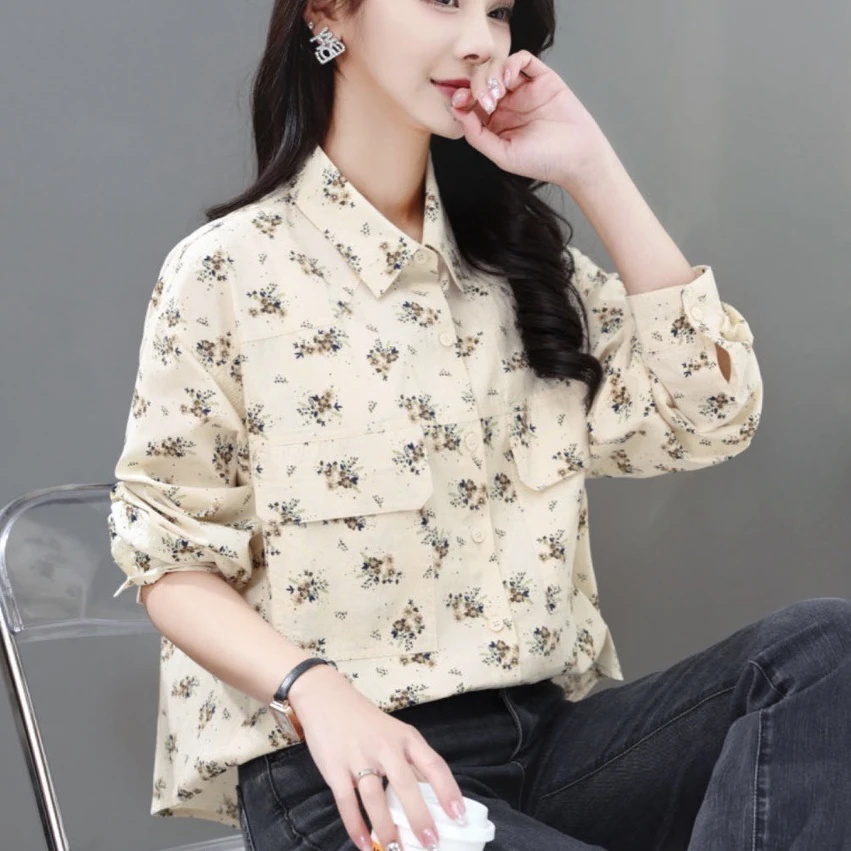 翻领长袖碎花工装通勤秋款衬衫女装纯棉衫女士上衣夏季
