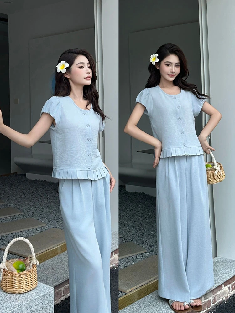 韩系时尚套装女夏季新款气质木耳边拼接短袖衬衫高腰阔腿裤两件套