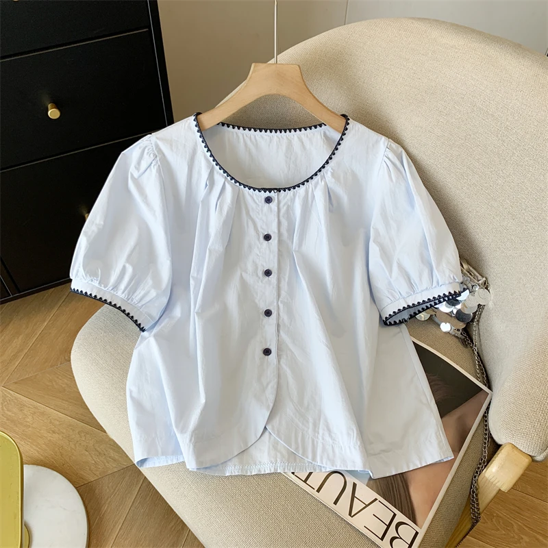 夏季新款圆领泡泡袖短袖衬衫法式设计感撞色甜美百搭宽松宽松上衣