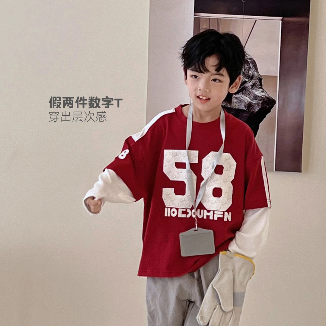 9.14号新品 男童T恤儿童假两件长袖撞色街头风痞帅上衣 5082750O7