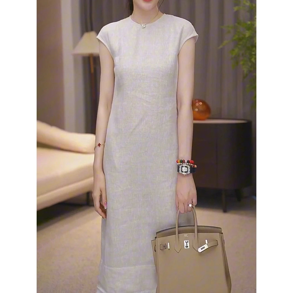 经典极简通勤显瘦连衣裙女2025夏季新款原麻色圆领收腰设计A字裙