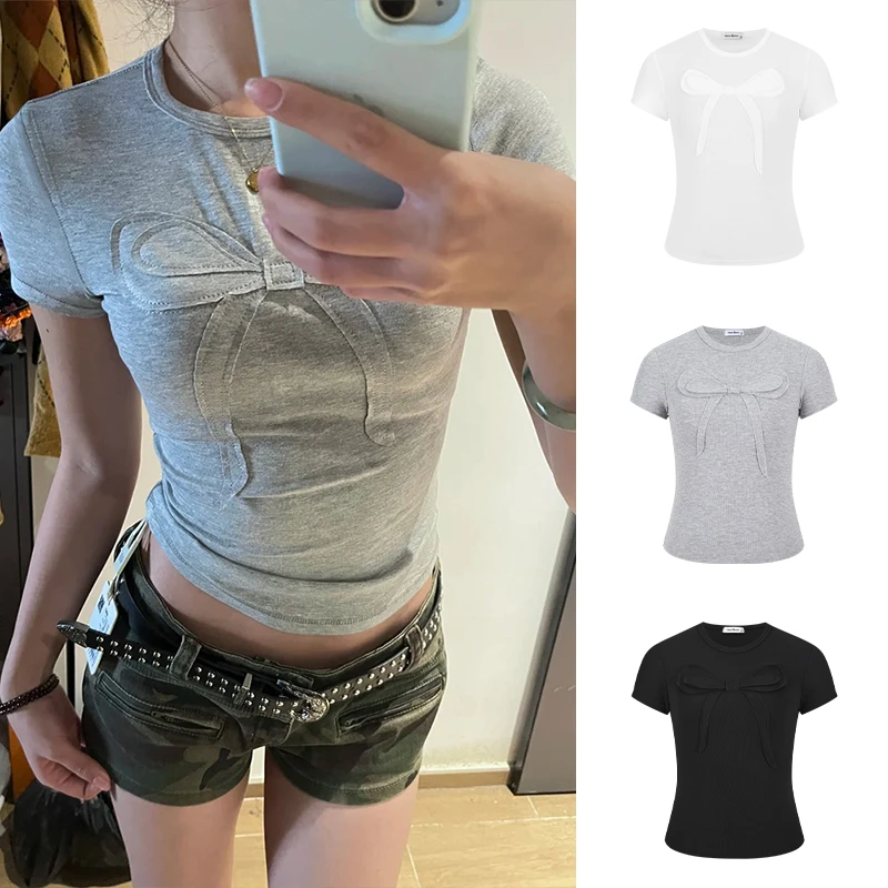 Moses Queen/魔西女王时髦凉感短袖T恤女夏设计感蝴蝶结修身上衣