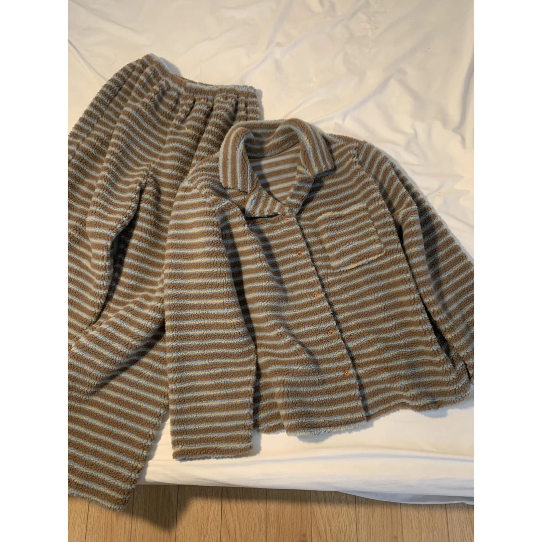 韩系慵懒珊瑚绒条纹长袖睡衣女秋冬季新款加厚长裤休闲家居服套装