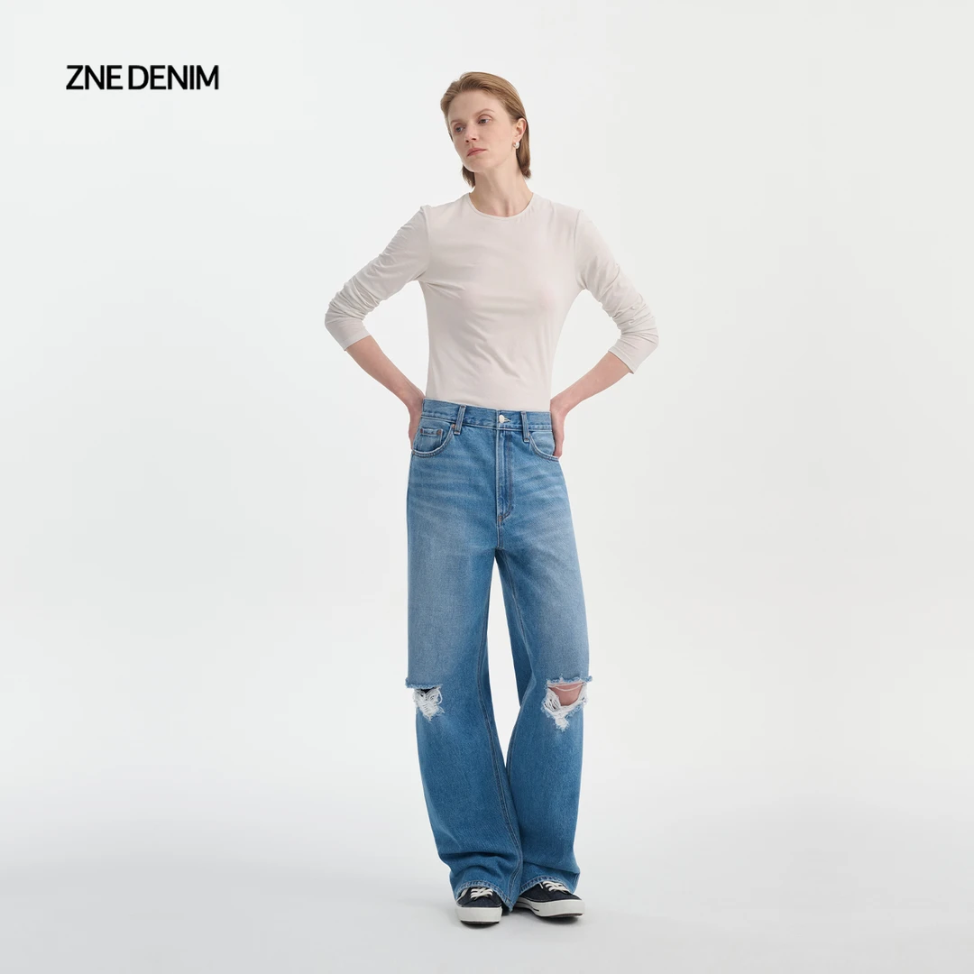 ZNE复古垂阔破洞全棉宽松牛仔长裤1636