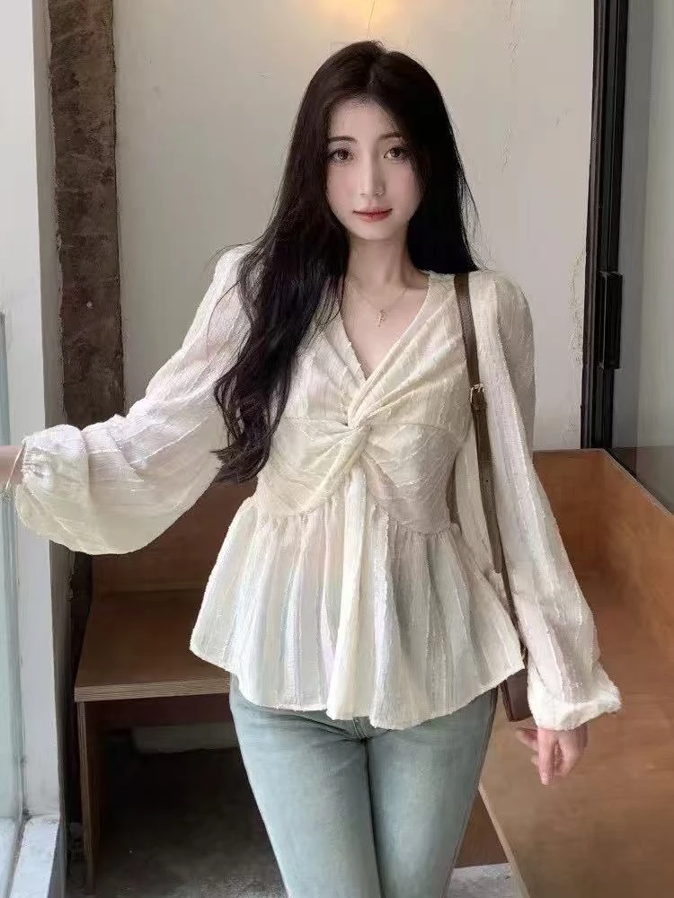 【葡萄家】大码法式高级感v领早春长袖衬衫胖mm收腰显瘦小衫上衣