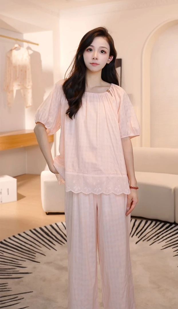 【莎莎】棉纱睡衣女宽松圆领泡泡棉套装款舒适棉布家居服85YY-85184