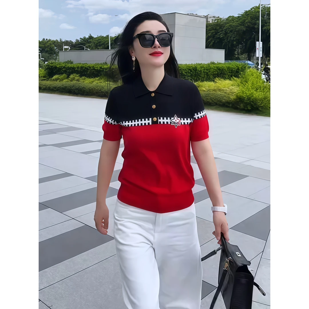 气质撞色拼接polo衫短袖t恤针织衫女夏新款设计感洋气减龄上衣薄