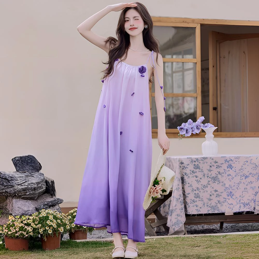 渐变紫色吊带连衣裙夏仙女海边沙滩裙度假三亚多巴胺穿搭拍照8890