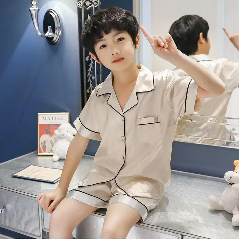FAVMARTHA男童睡衣冰丝夏季薄款中大童儿童短袖套装男孩10岁15青
