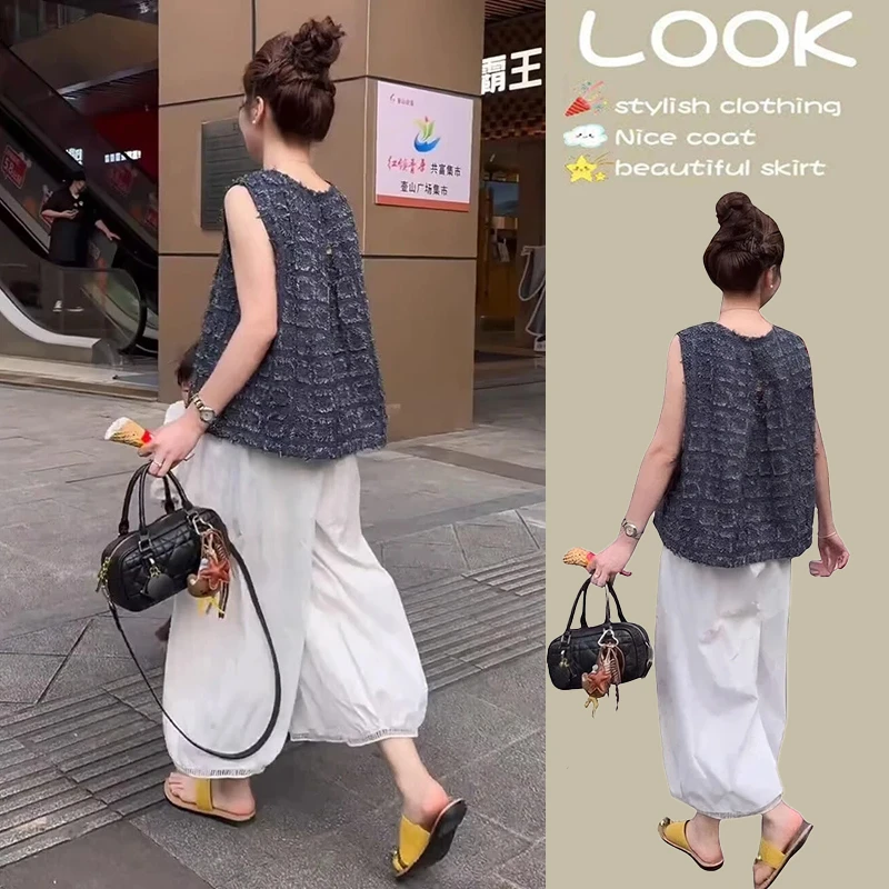 韩系后镂空毛边小香风无袖上衣女2025年夏季宽松显瘦阔腿裤两件套