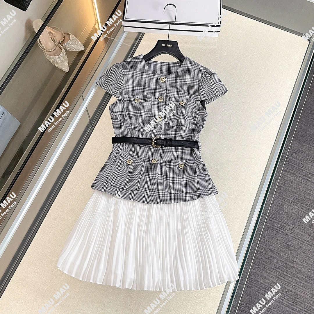 MIUMEM现货2025夏季法式小香风千鸟格收腰短款连衣裙女DY7079