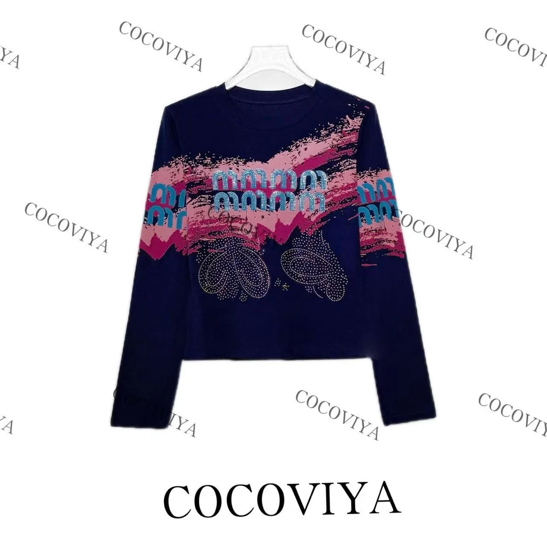 【CC】COCOVIYA粉紫泼墨涂鸦字母长袖T恤遮肉显瘦休闲上衣26C-289