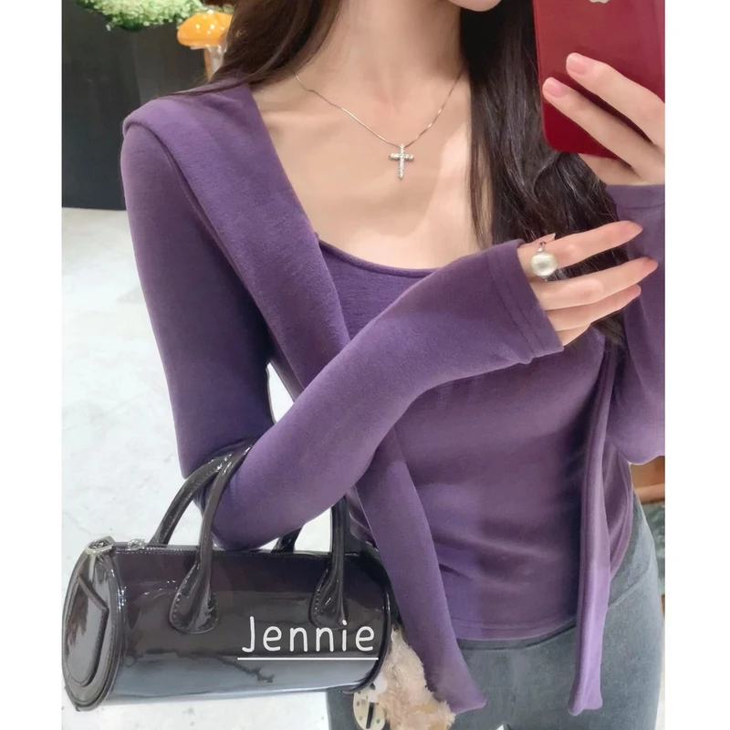 秋冬新款方领高级感披肩飘带一体德绒打底衫设计感百搭显瘦上衣