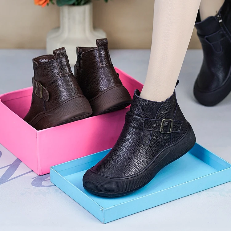 RY25007-1秋冬新头层牛皮平底加绒短靴女真皮马丁靴厚底羊毛皮靴