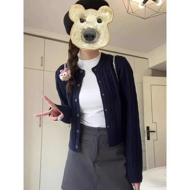 藏青色麻花针织开衫外套女春秋2025新款短款外搭软糯毛衣长袖上衣