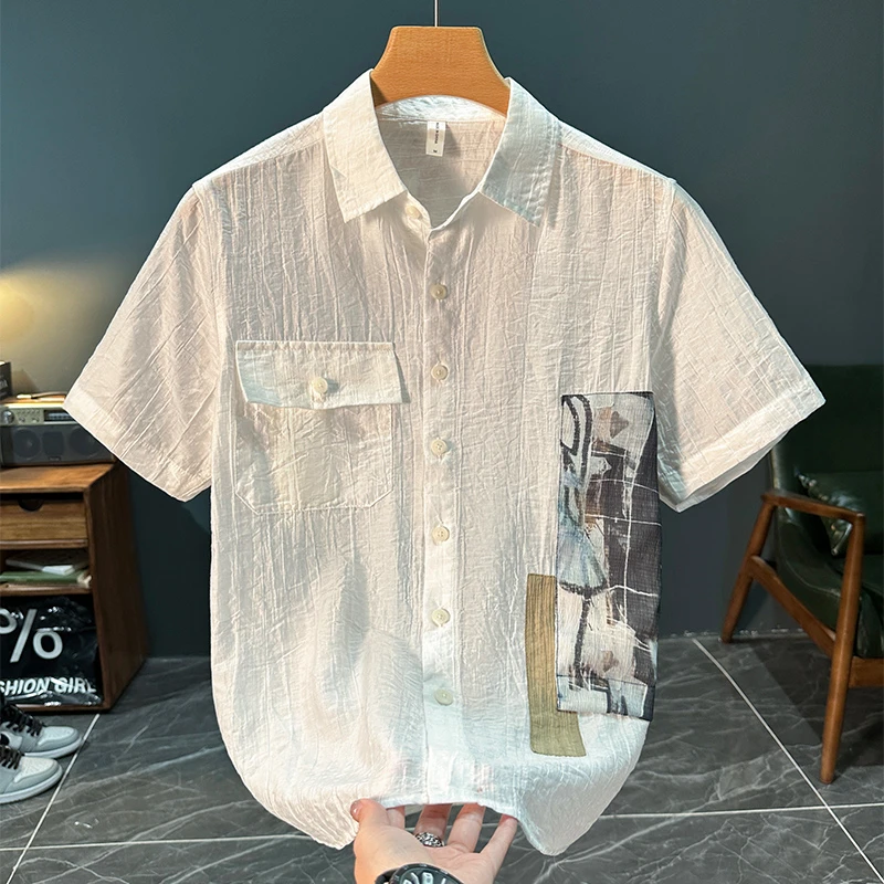 夏季潮牌日系拼接印花短袖衬衫男士轻奢时尚百搭文艺休闲宽松衬衣