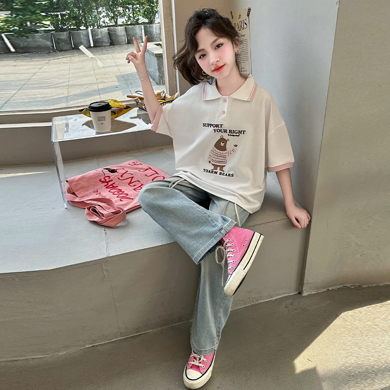 女童夏季短袖POLO衫T恤套装中大童儿童夏装薄款牛仔裤长裤两件套
