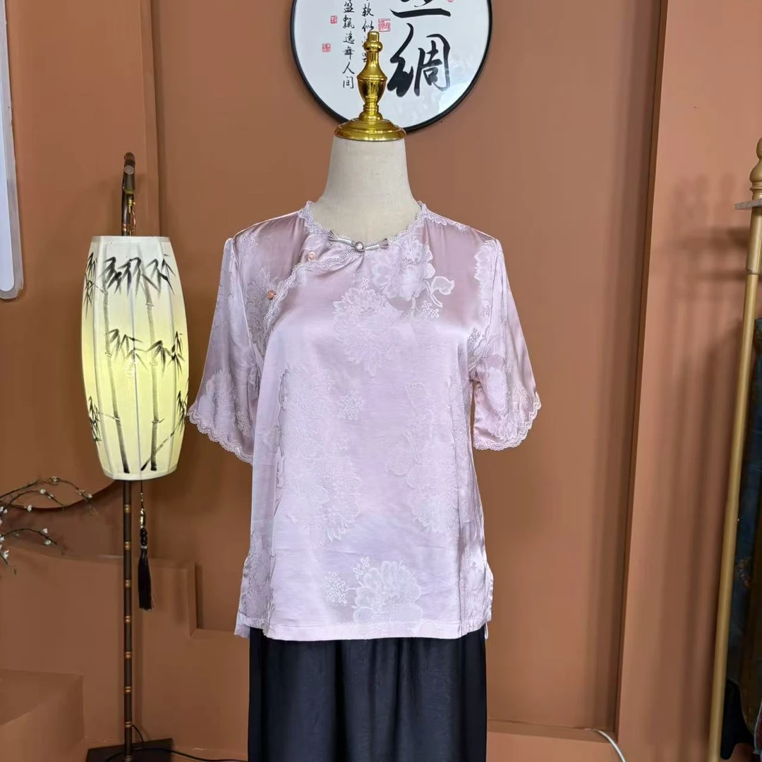 商场撤柜夏季圆领新中式T恤斜门襟复古女士上衣093