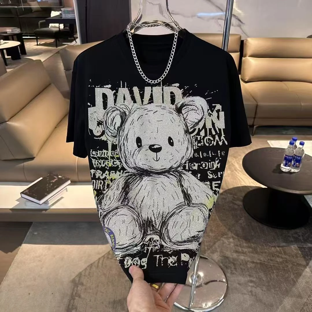 休闲圆领男士男款时尚夏季黑色春夏印花高奢个性小熊烫钻短袖t恤