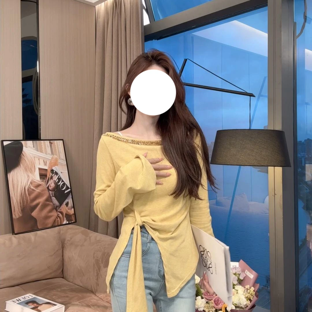 美式甜辣妹亮片一字肩系带长袖T恤女春设计感时尚修身显瘦上衣潮