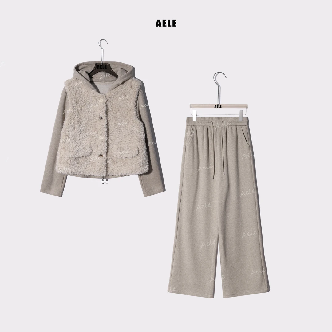 AELE轻奢颗粒绒马甲+休闲上衣+直筒裤三件套 D855 3398 AD连帽