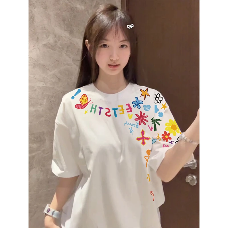 2025潮牌美式复古彩色涂鸦短袖t恤女设计感小众休闲百搭上衣夏季