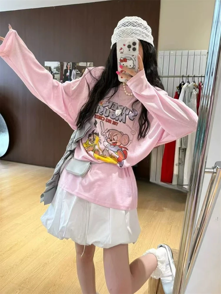 81017#【東Room】2025夏季长袖印花卡通宽松大版防晒T女