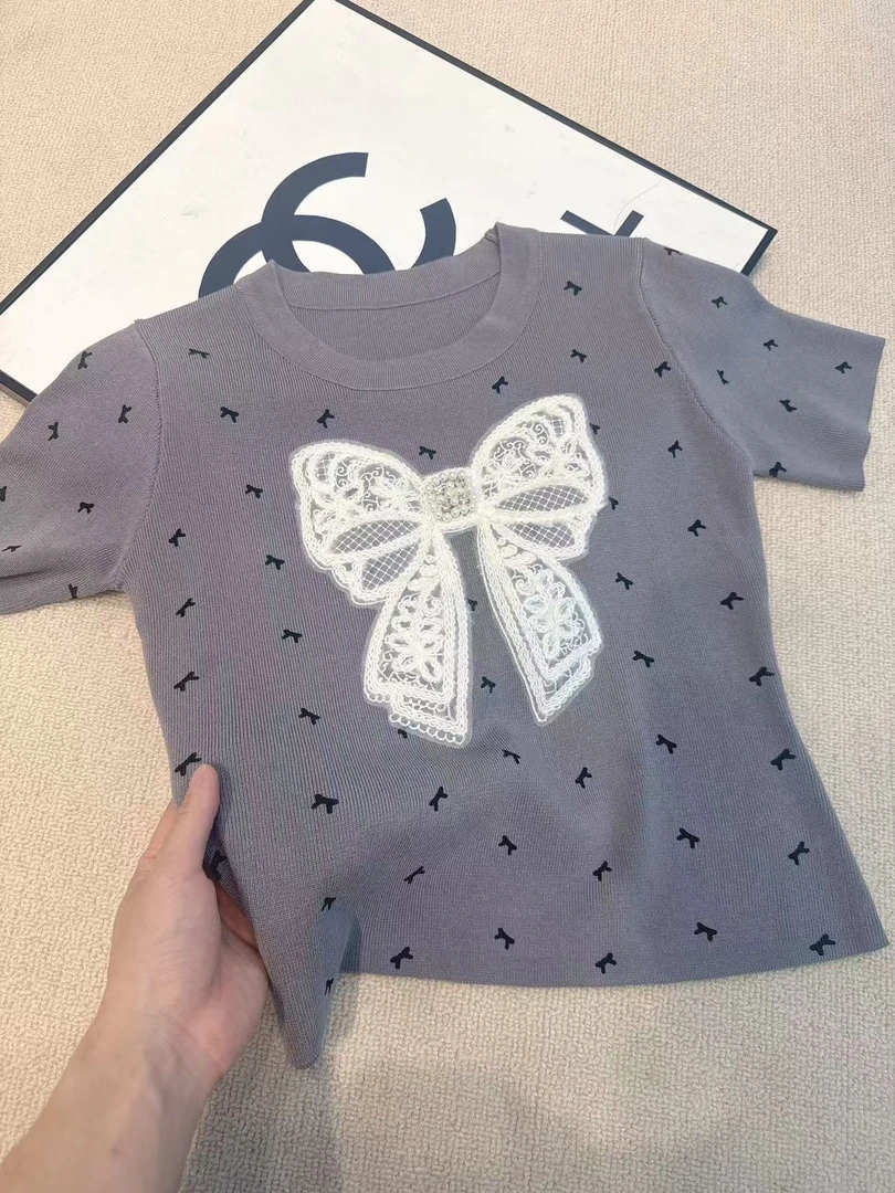 【灰色蝴蝶结】正肩短袖t恤夏季夏短款小个子修身2025新款爆款上衣
