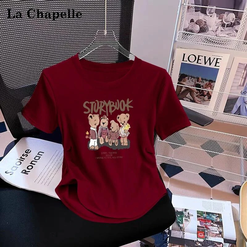 拉夏贝尔大码胖mm设计感圆弧下摆短袖T恤女士夏季纯欲风辣妹修身