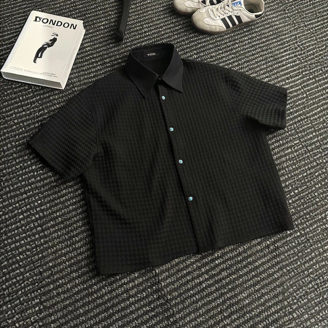 WESSK暗纹千鸟格仿绿松石纽扣褶皱肌理拼接短袖衬衫夏季百搭男女