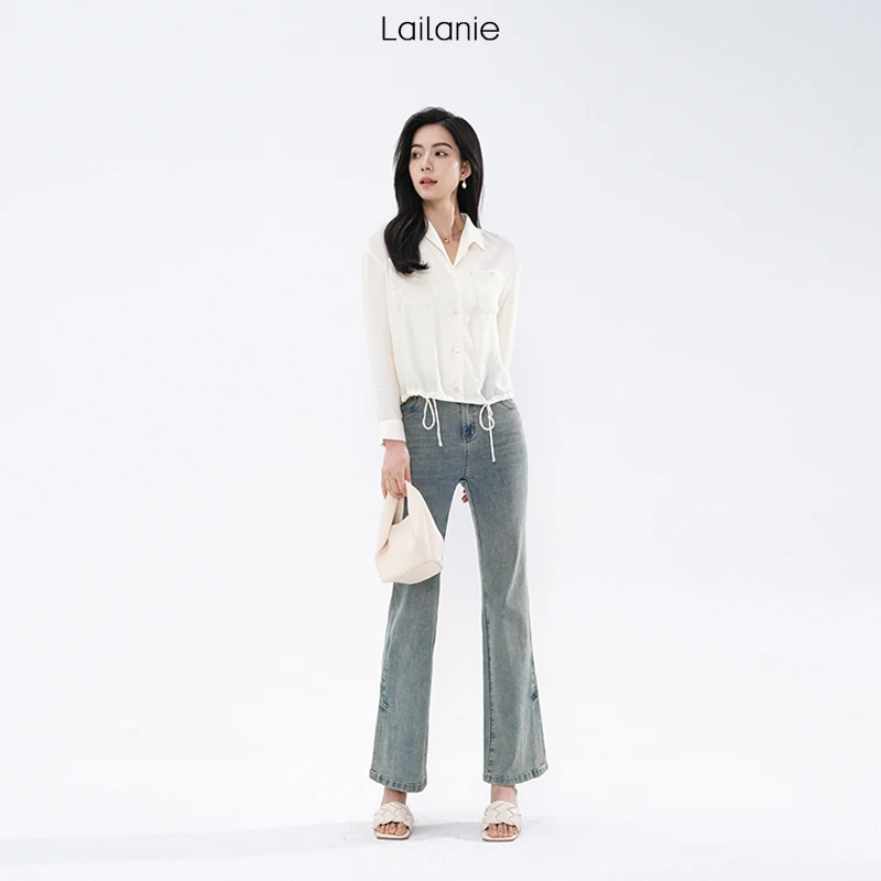 lailanie 设计感压褶抽绳小衫短款V领长袖衬衫上衣SZ2401003