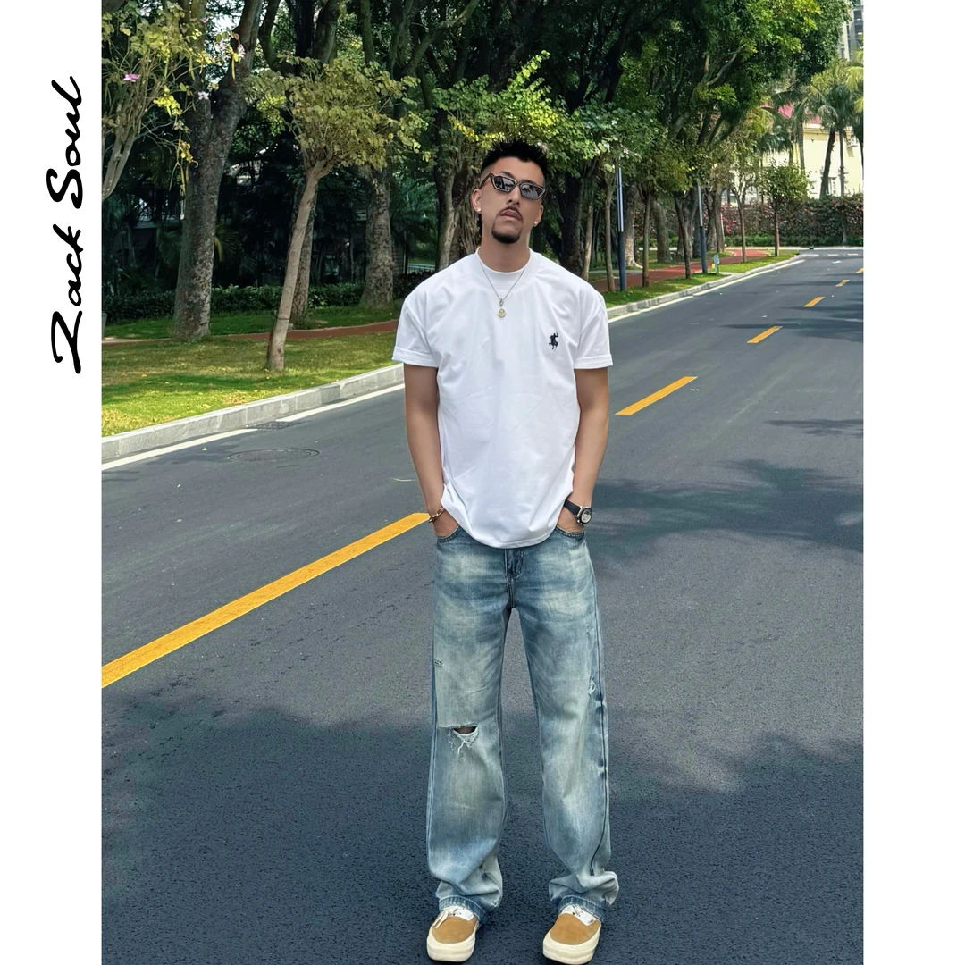 Zack校长zacksoul 复古浅蓝水洗破洞牛仔裤直筒百搭休闲小众设计